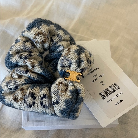 Celine Accessories - Celine Blue, Cream & Brown Knit Scrunchie with Gold Triomphe hair tie $435